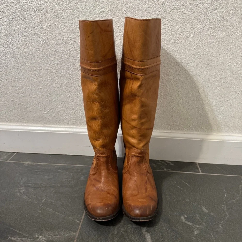 Frye Melissa Trapunto Boots Womens 5.5B Cognac Leather‎ Riding Knee High Western